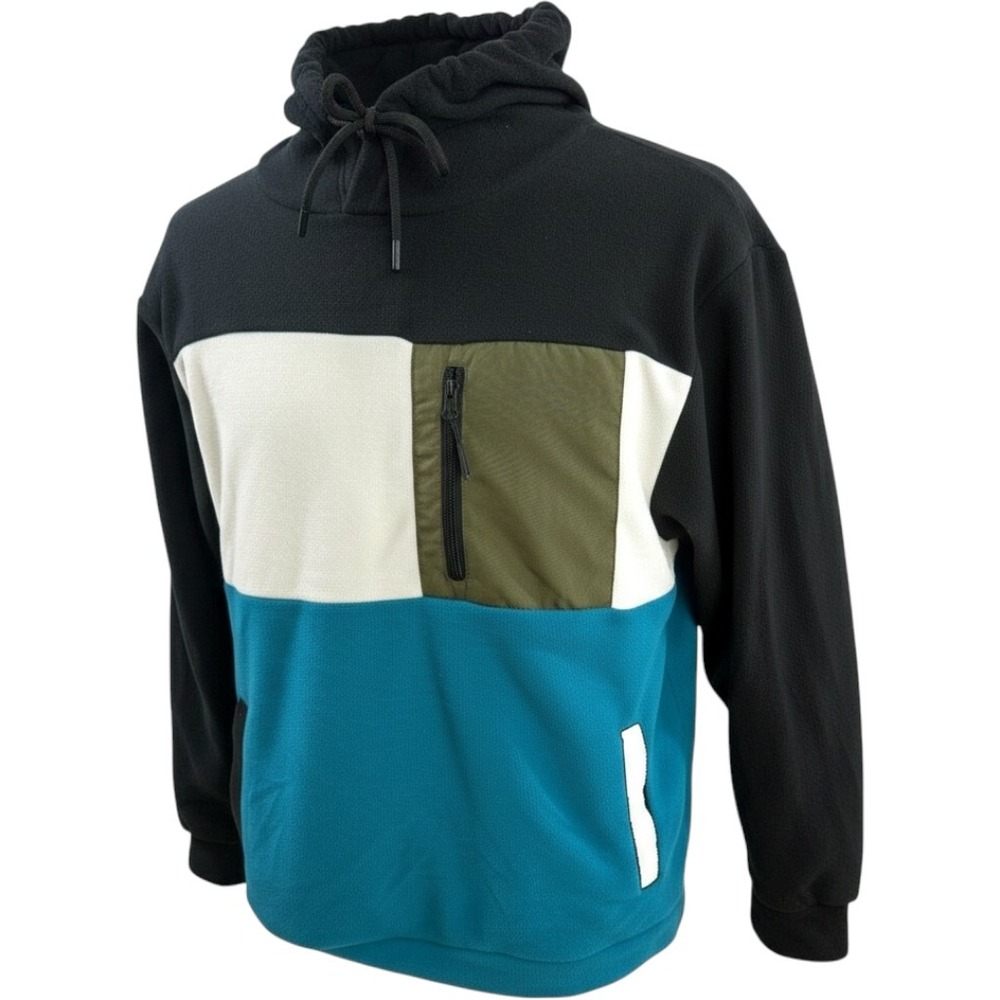 Original Deluxe Supply Mens Colorblock Fleece Hoodie Black Teal Large NEW